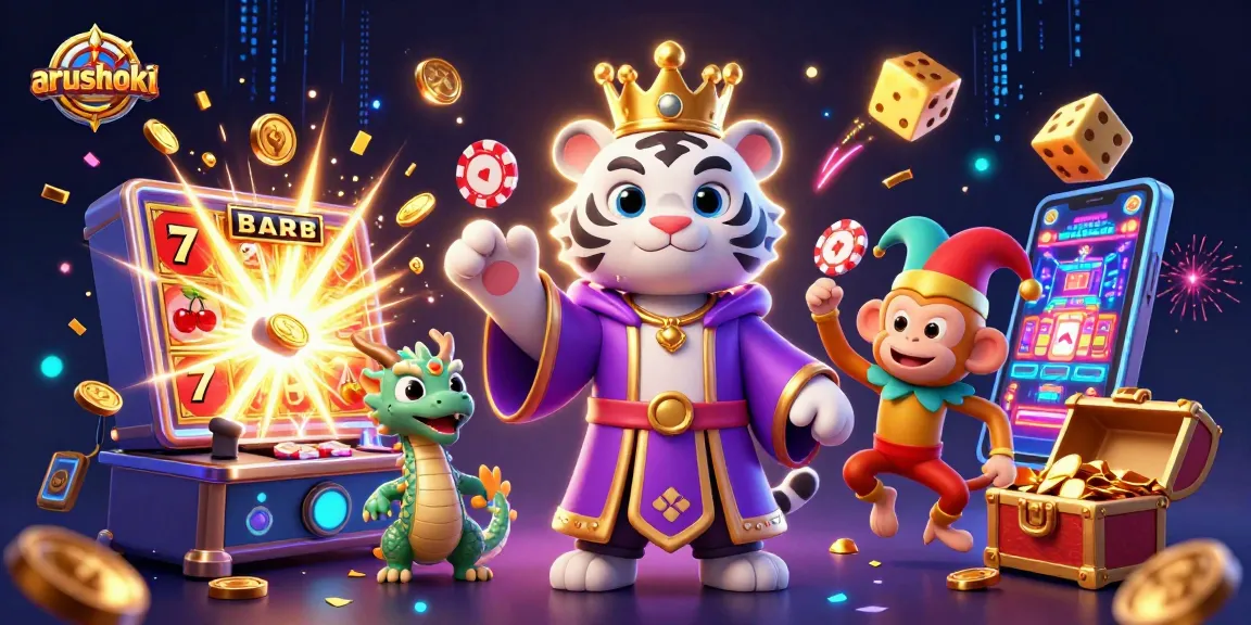 ARUSHOKI menghadirkan aneka simbol permainan kasino, menampilkan slot, dadu, dan chip poker berinteraksi dinamis.