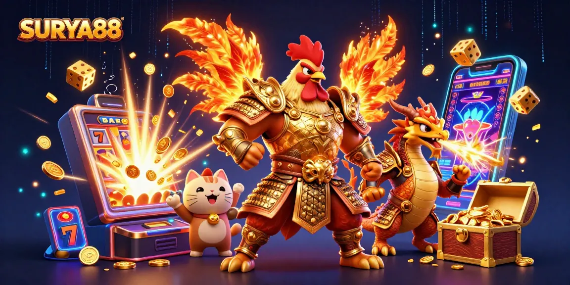SURYA88 fighting rooster and dragon winning amidst vibrant jackpot action, celebrating gameplay excitement.