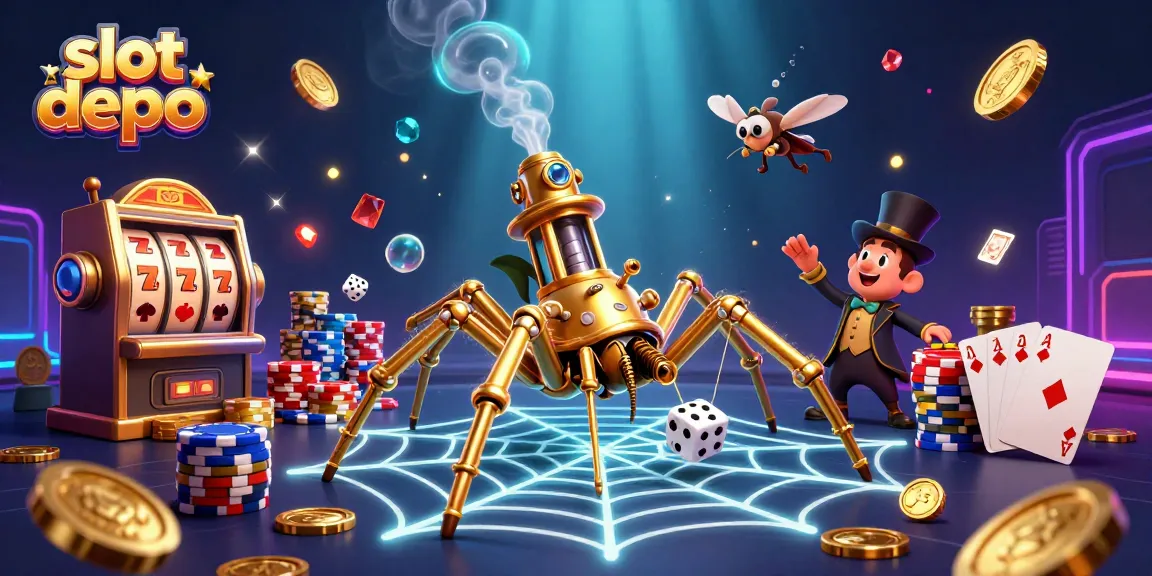 Engage in thrilling gameplay with slot depo, featuring bright slots, cascading coins, and lively characters.