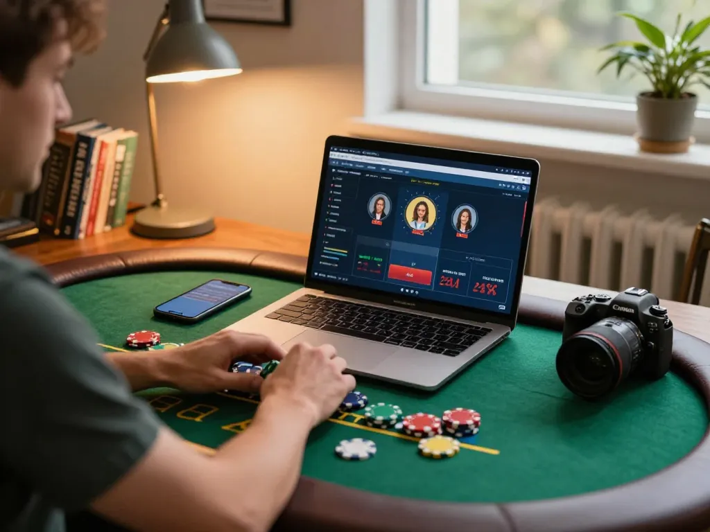 Player engaged in online blackjack, utilizing Prediksi Jitu for strategic bets, in a cozy home setting