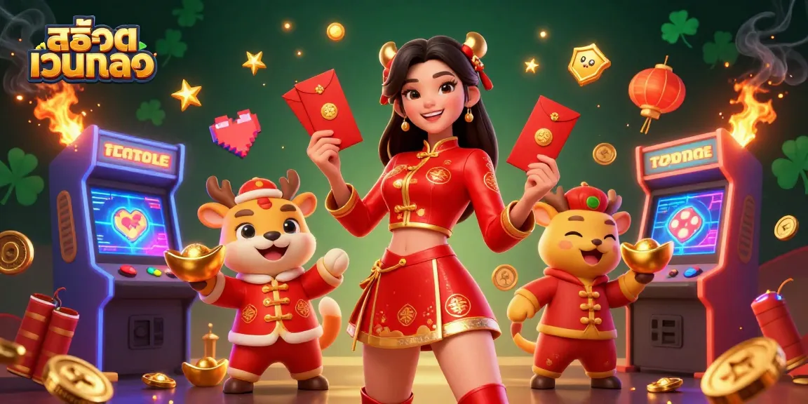 Join the fun at สล็อตเว็บตรง with vibrant slot visuals and festive characters celebrating Lunar New Year.