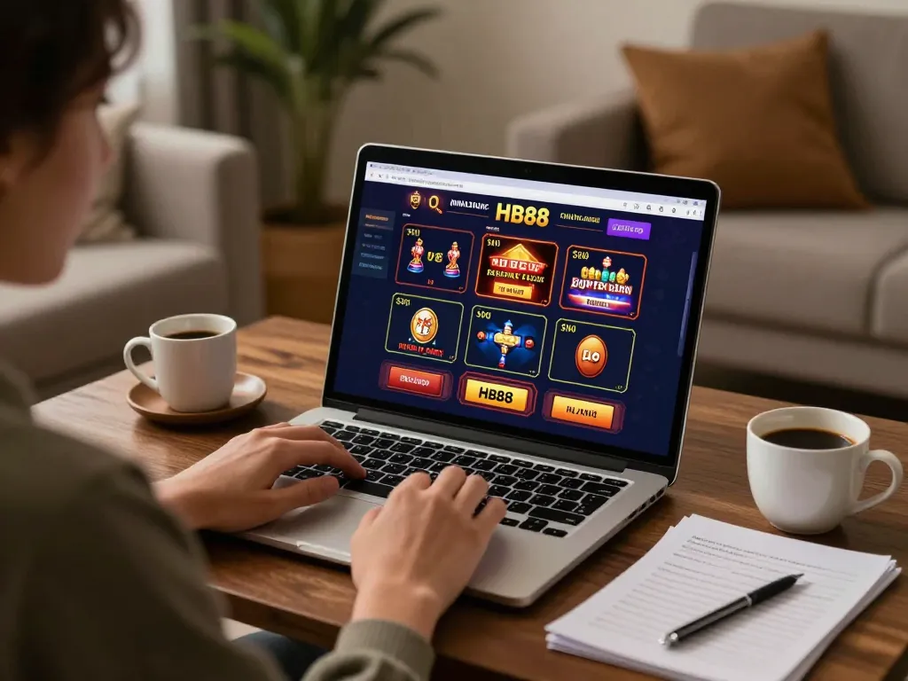 Playing HB88 online casino games with strategic notes in a cozy home setup.