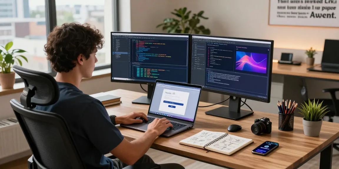 Developer engaged in raja328 login on sleek laptop in a modern tech workspace.