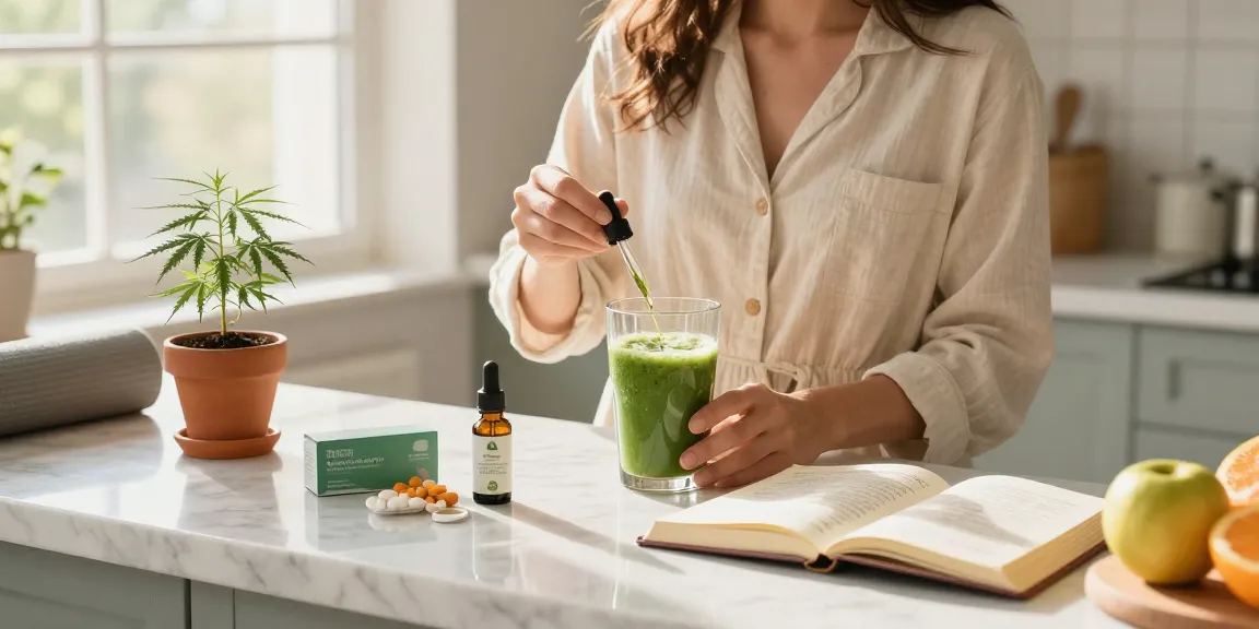 Muha meds disposable and CBD oil displayed on a marble kitchen counter during morning wellness routine, emphasizing natural health.