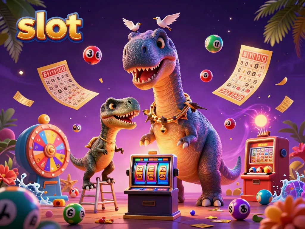 Slot yang menakjubkan ditampilkan dalam adegan kasino yang ceria dengan dinosaurus dan elemen permainan.