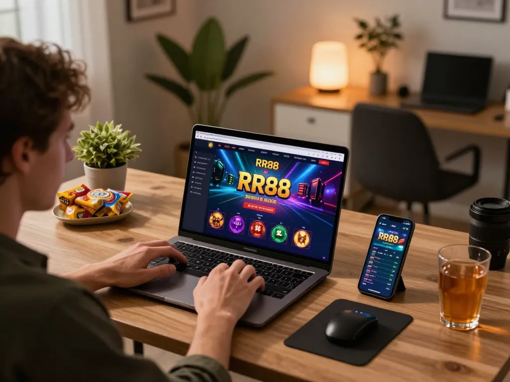 Engaging online gamer placing bets on RR88 casino platform from a home office setting.