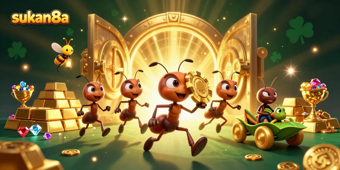 Sukan8a's 3D illustration of a heist featuring ants with a golden poker chip and treasures