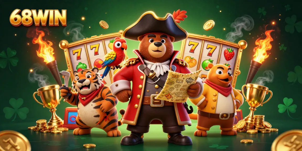 Experience the thrilling games of 68WIN with a 3D pirate bear, jackpot reels, and lively casino atmosphere.