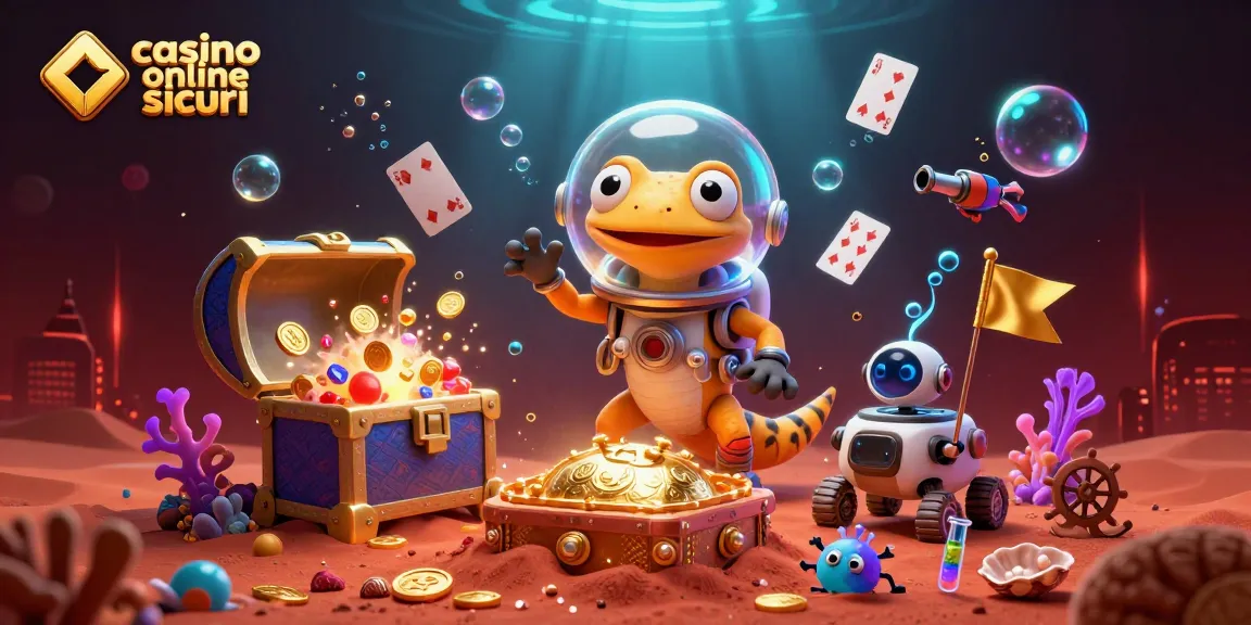 Giocare nei casino online sicuri: un gecko marziano esplora un casinò d'oro tra sabbie rosse.