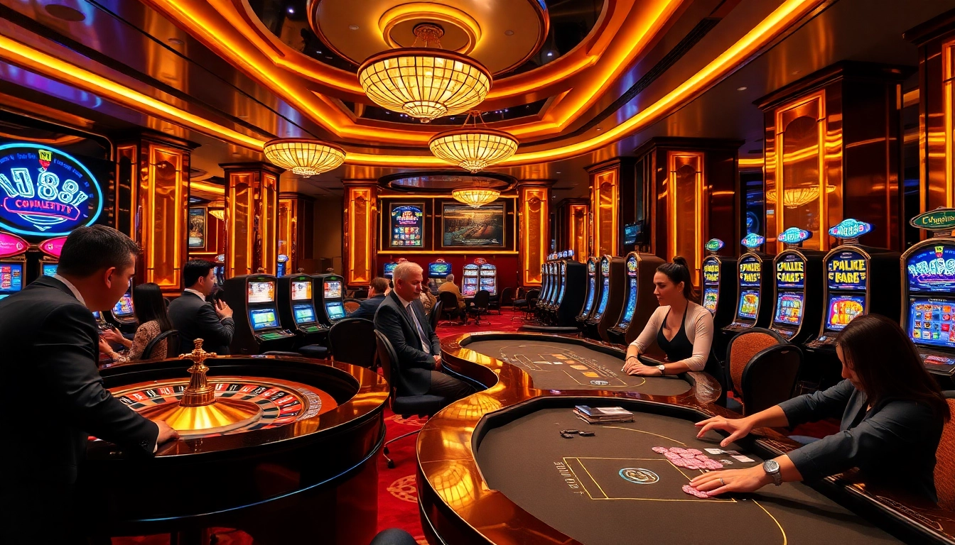 Exciting casino scene featuring UU88-themed roulette, poker, and slot machines in a luxurious setting.