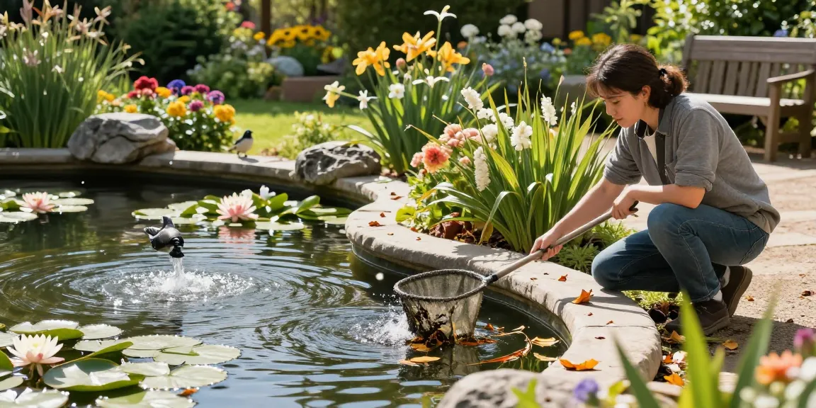 Professional Pond Cleaning Kent: Homeowner cleaning koi pond surrounded by lush garden.