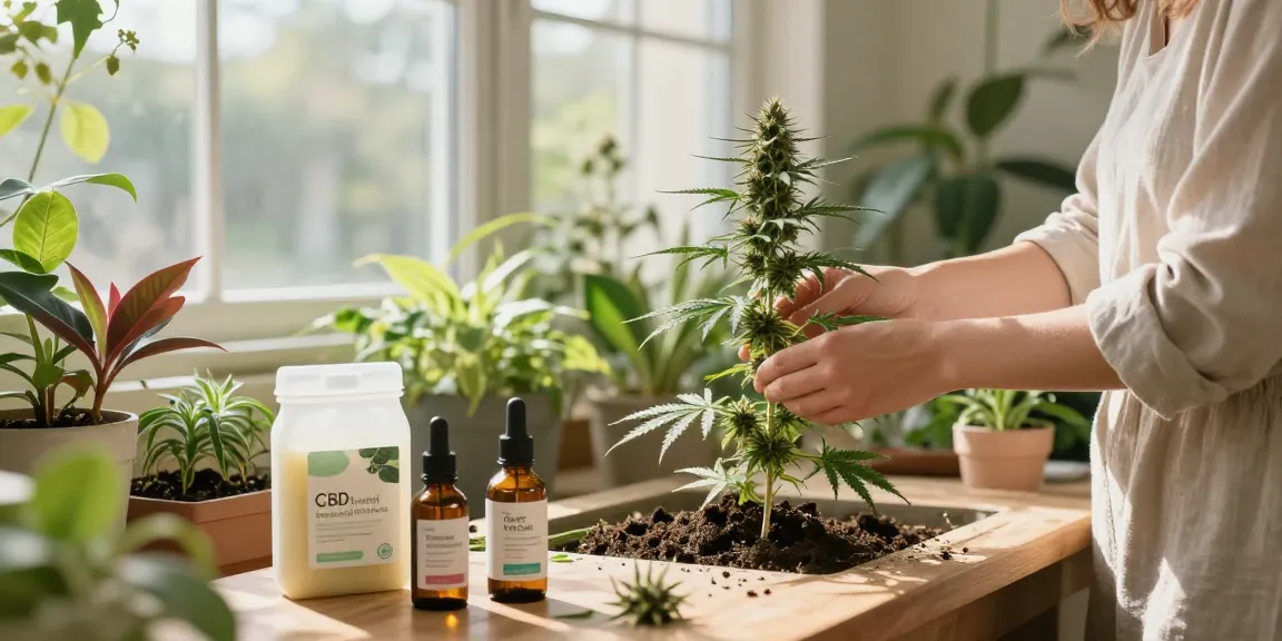 Living Soil für Cannabis: Hochwertige CBD-Produkte und natürliche Wellness-Elemente in ruhigem Indoor-Garten-Setting