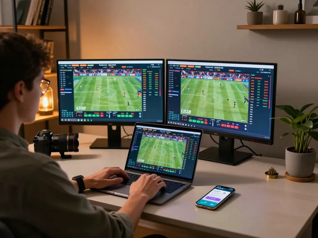 Placing bets on DA88 using laptop in a stylish home office environment with dynamic sports betting interface
