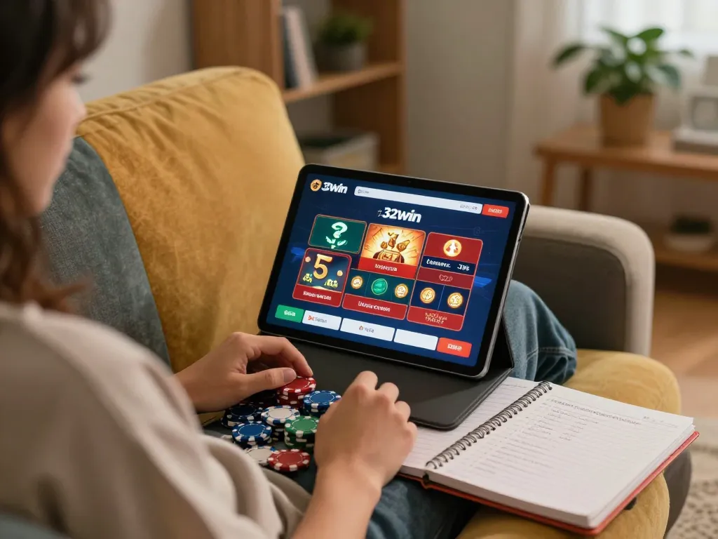 Player engaging in online casino action on 32win app while relaxing at home.