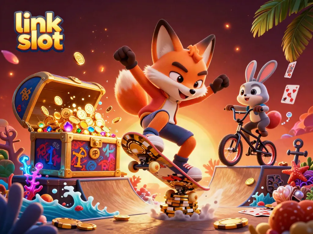 Link slot memperlihatkan ilustrasi grafis penuh warna dari karakter berbasis kasino melakukan trik di atas chip poker emas.