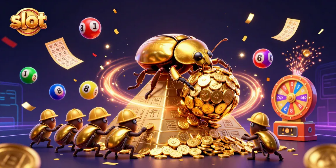 Enjoy vibrant slot action with a golden beetle amidst colorful lottery delights.