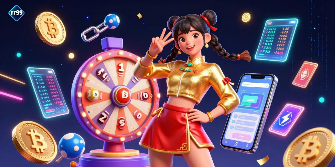 Engage with rr99's exciting games in a vibrant 3D illustration packed with colorful elements and digital energy.