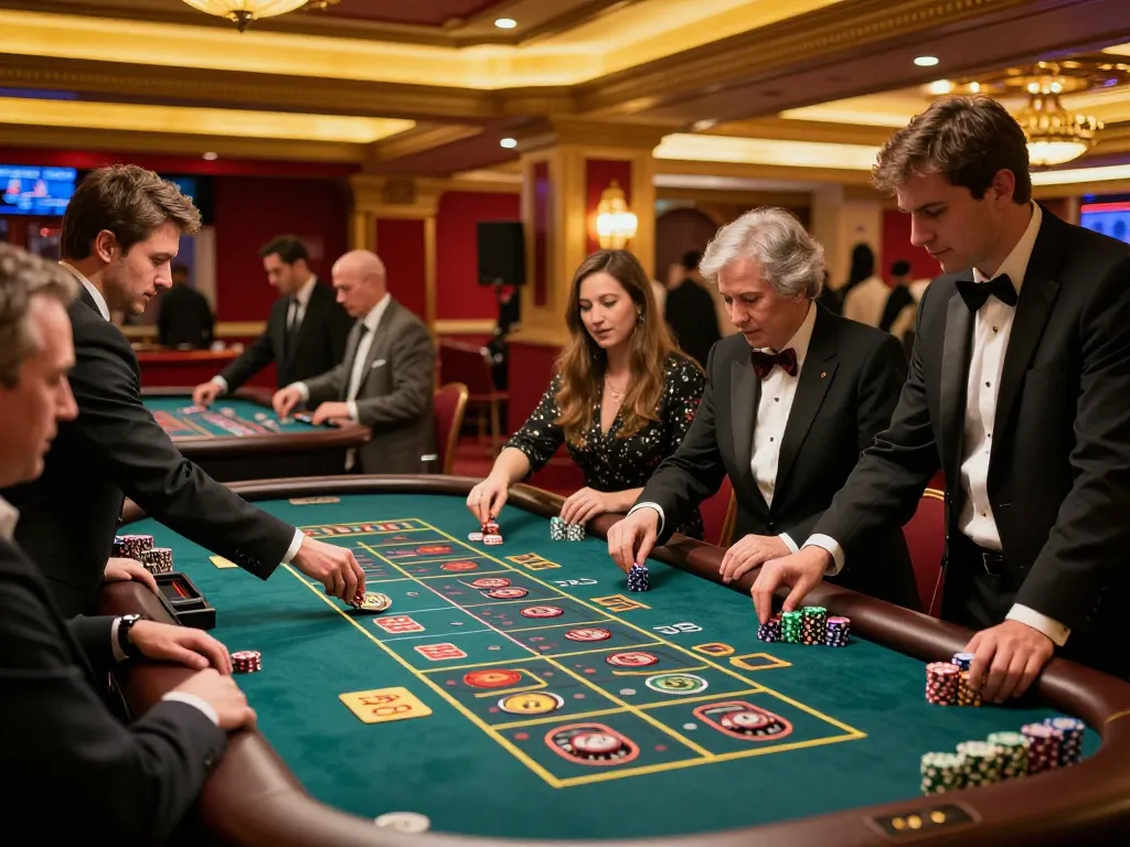 Players enjoying roulette at QQ88 casino, engaged in lively betting amidst luxurious surroundings.