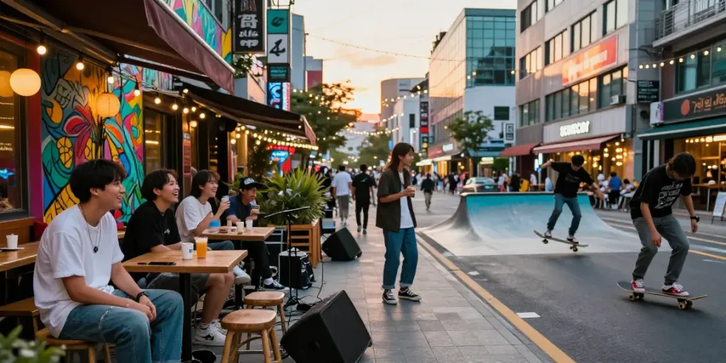홍대오피를 즐기는 젊은이들이 있는 활기찬 거리 풍경