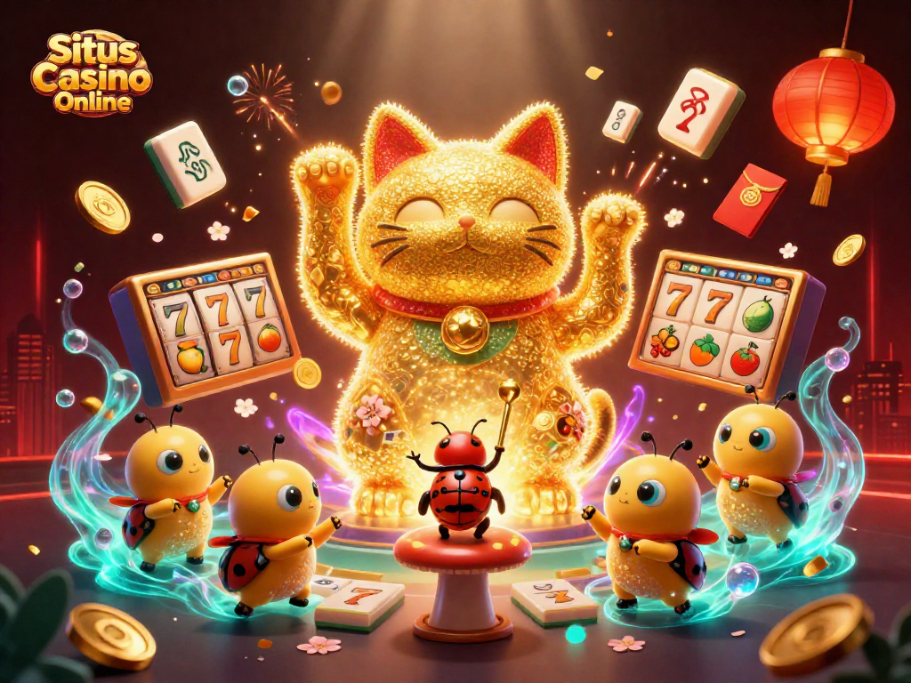Situs Casino Online showcases a vibrant 3D illustration of a lucky cat among dynamic casino symbols.