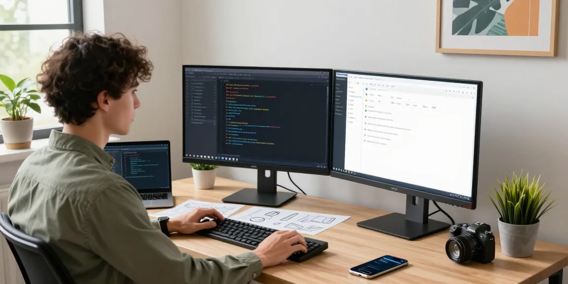 Developer working on 纸飞机中文版 software at a sleek dual-monitor workspace with design sketches and tech gadgets.
