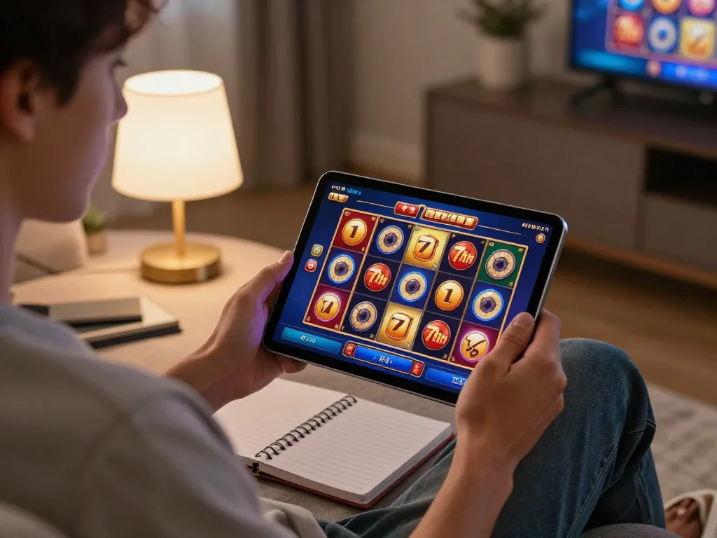 Engaged user playing 7hh online slots on a tablet in a cozy living room setting