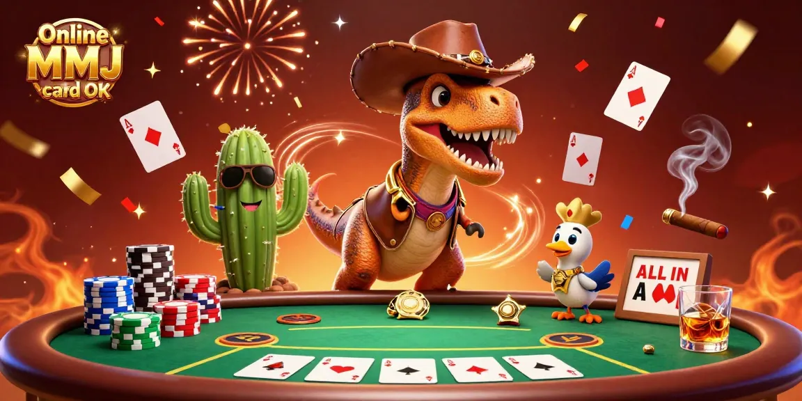 Experience the thrill of poker with the Online MMJ card OK showcased by a fun T-Rex, cactus, and roadrunner characters.