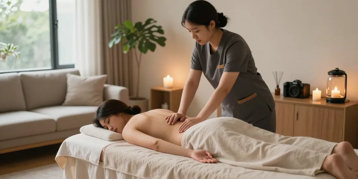 여의도출장안마을 받는 고객과 전문 마사지사가 편안한 분위기에서 마사지하는 모습