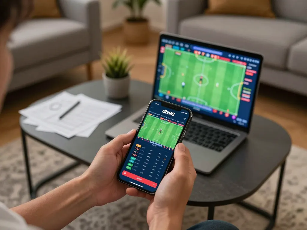 Player engaging with the trang chủ dh88 online betting app while enjoying a home gaming experience, showcasing responsible gambling practices.