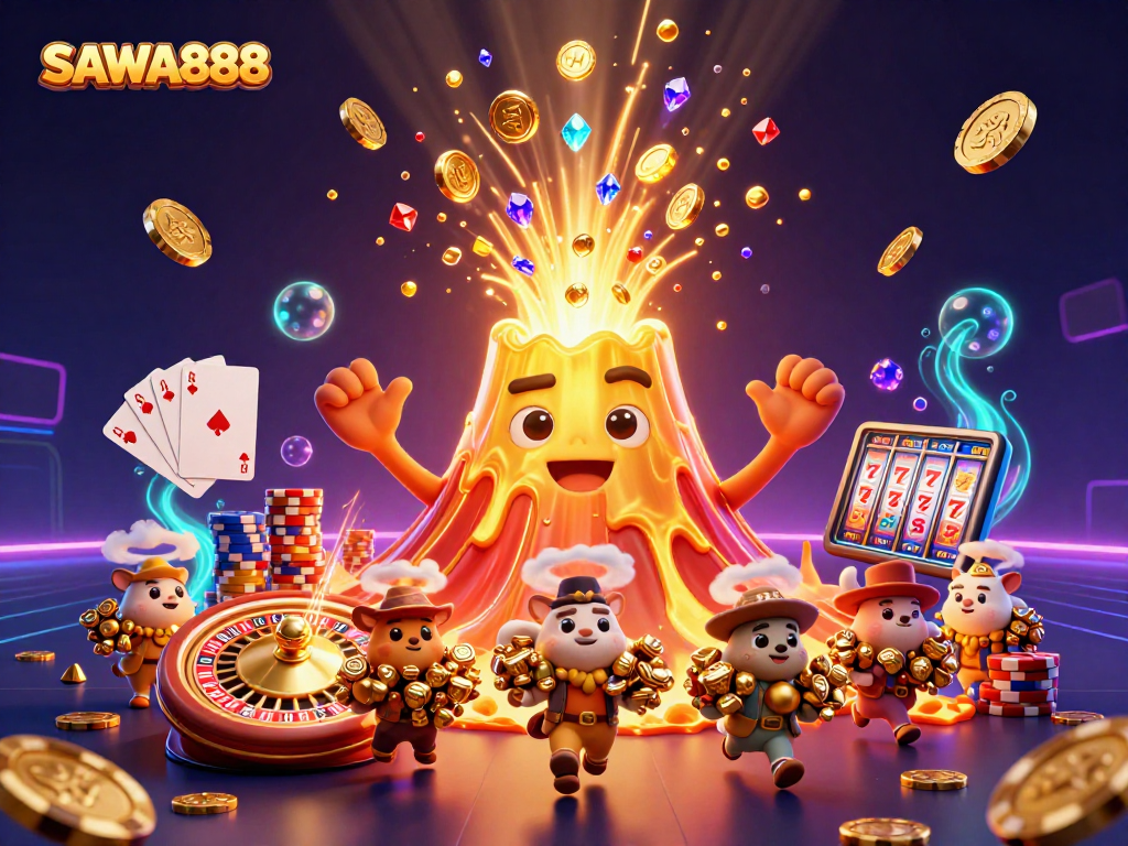 Experience gaming thrills at SAWA888 with treasures pouring from a golden volcano illustrated in dynamic 3D art.