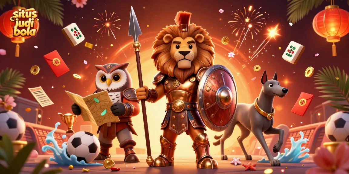 Situs judi bola betting action featuring a Spartan lion, owl strategist, and greyhound messenger in dynamic sports betting scene.