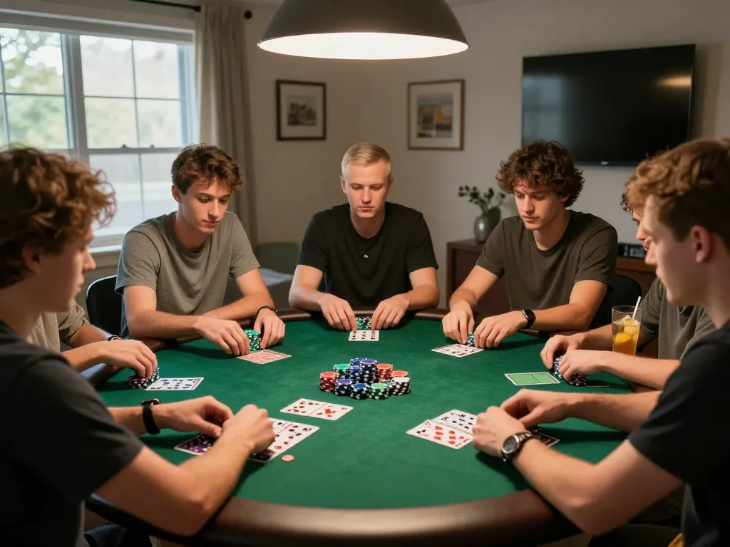 L567 players enjoying a strategic poker night with colorful chips and drinks for a social competition.