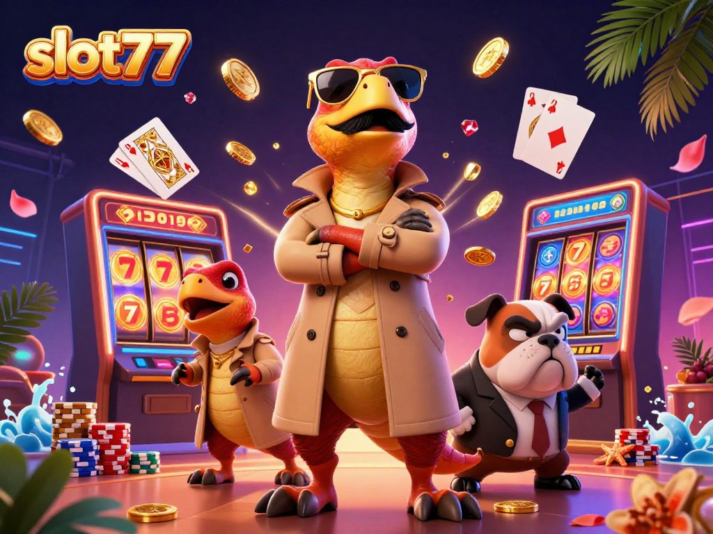 Engage with slot777 through the vibrant 3D casino scene featuring raptors and dynamic gameplay elements.