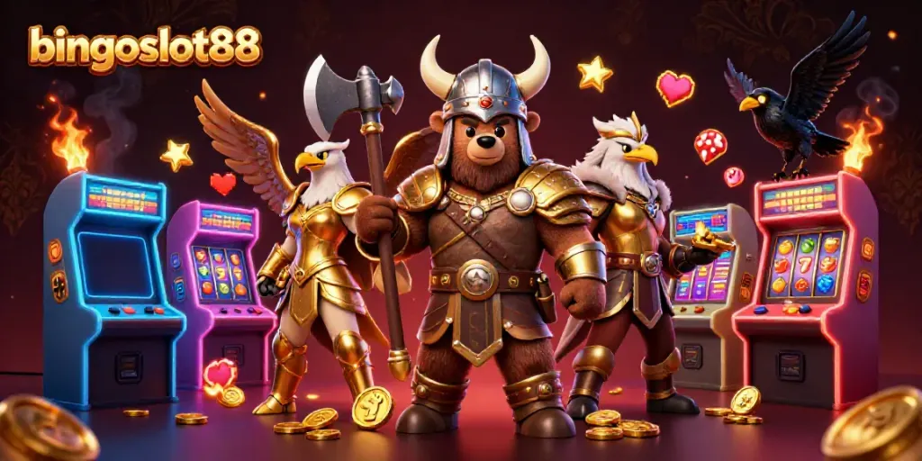 Menangkan permainan di bingoslot88 dengan Viking beruang dan elang Valkyrie dalam ilustrasi kasino yang menarik