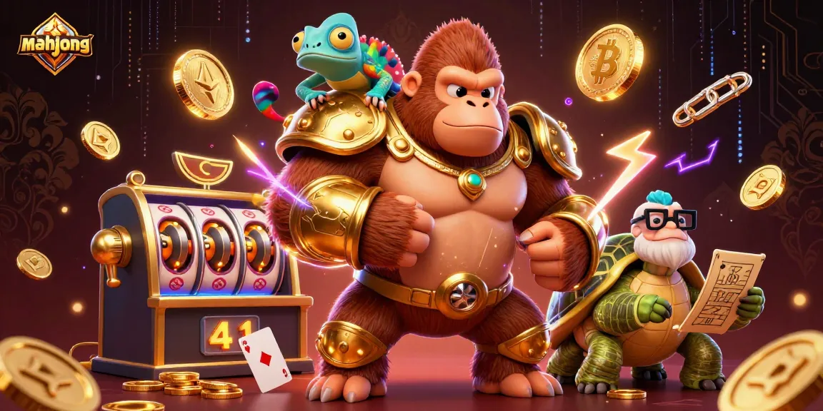 Engage with mahjong in a vibrant casino scene featuring a heroic gorilla king, clever chameleon, and wise tortoise.