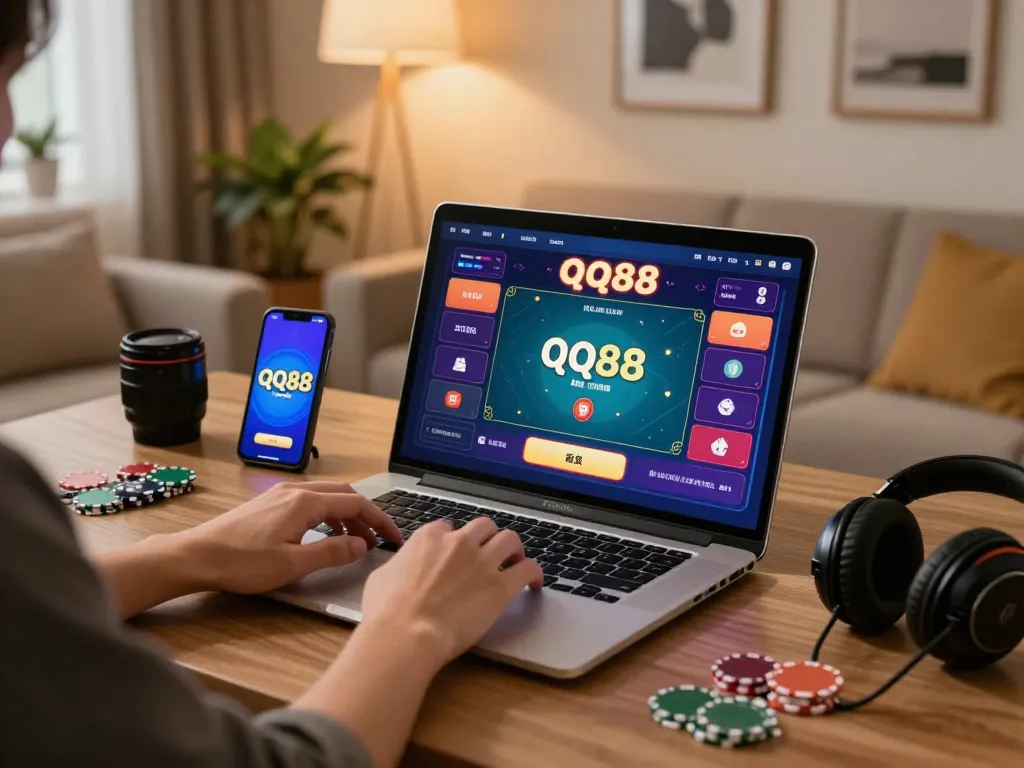 Engaging in a thrilling qq88 poker game on a laptop in a cozy home environment.