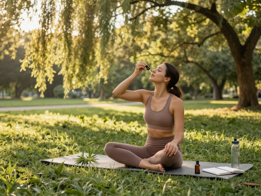 Top shelf flower delivery featured as CBD oil is administered in a serene outdoor wellness routine with natural hemp elements.
