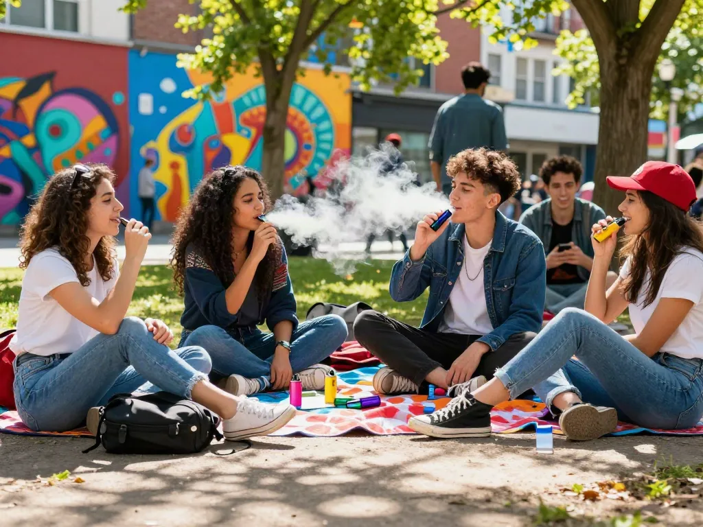 Group of friends enjoying Hitz infinity Gen 7 vapes in a vibrant urban park.