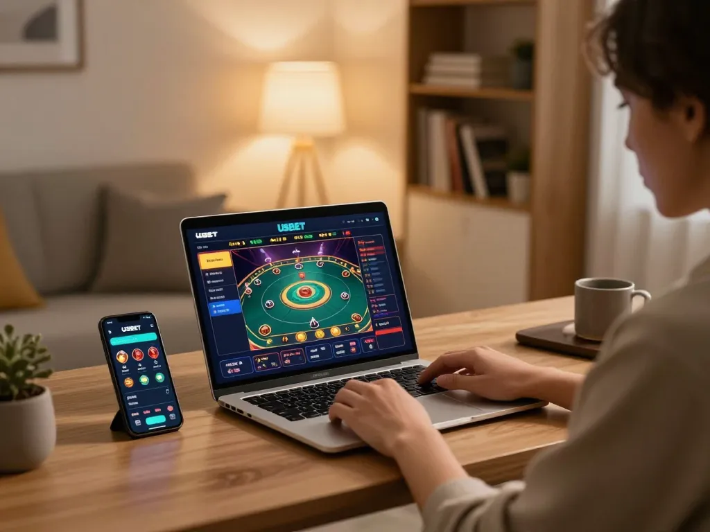 Engaging in strategic online betting on USBET with vibrant game interface visible on laptop