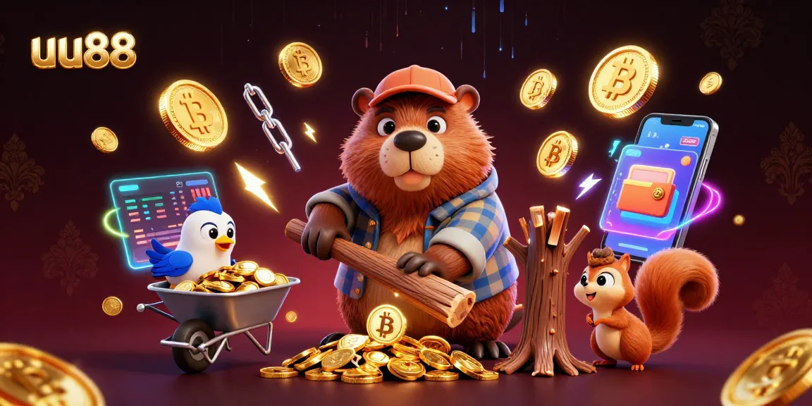 Experience thrilling wins at uu88 with a lively scene of a lumberjack beaver, coins, and gaming elements.