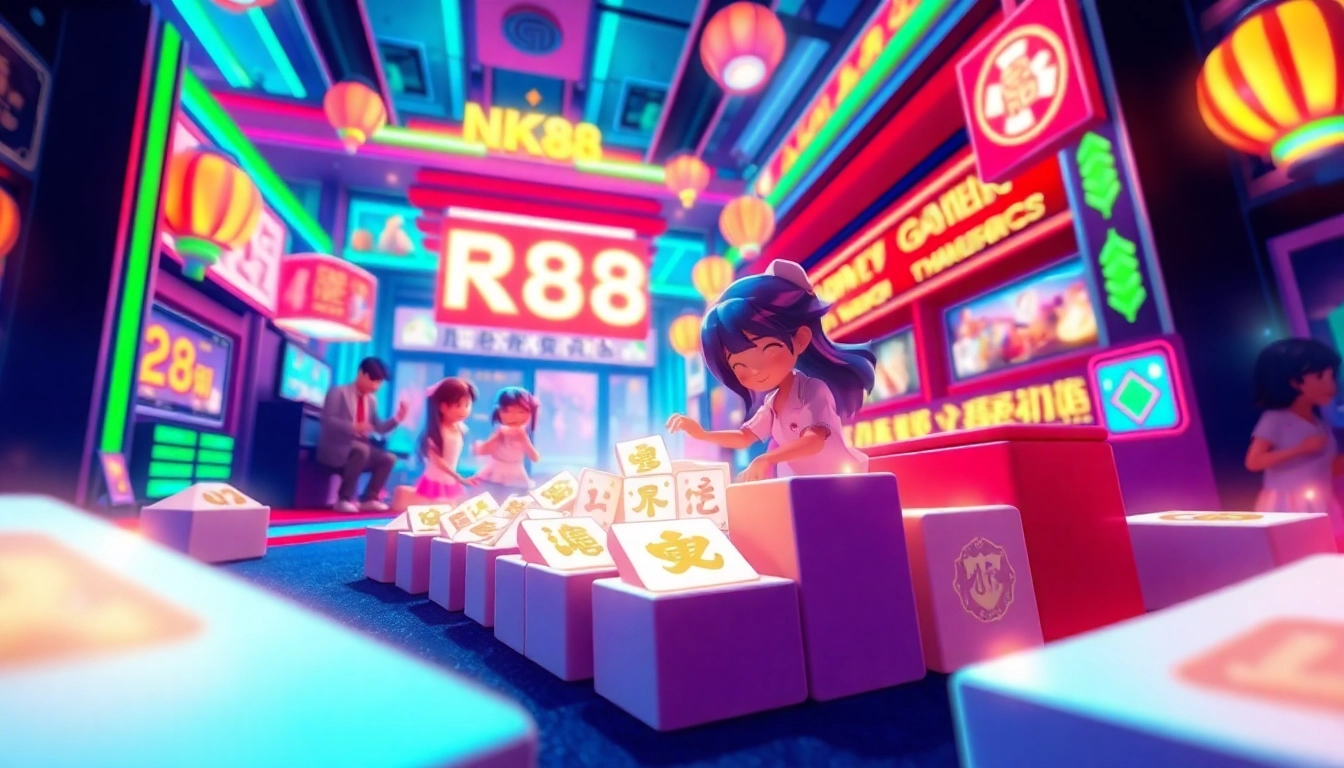 NK88 gaming experience illustration with vibrant colors, animated tiles, and interactive features.