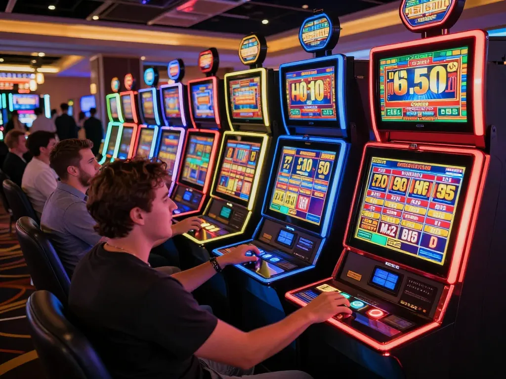 Engaged players celebrating wins with slot bet 50 at vibrant Las Vegas casino.