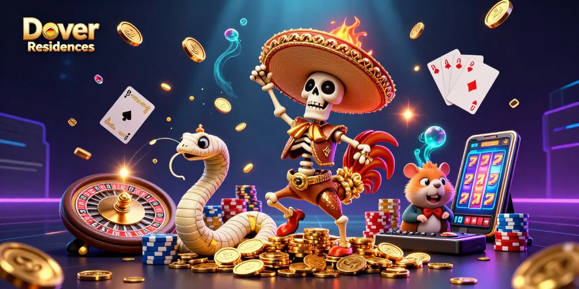 Dover Residences thrilling scene with a mariachi rooster, mummy snake, and DJ hamster celebrating amidst dynamic casino symbols.