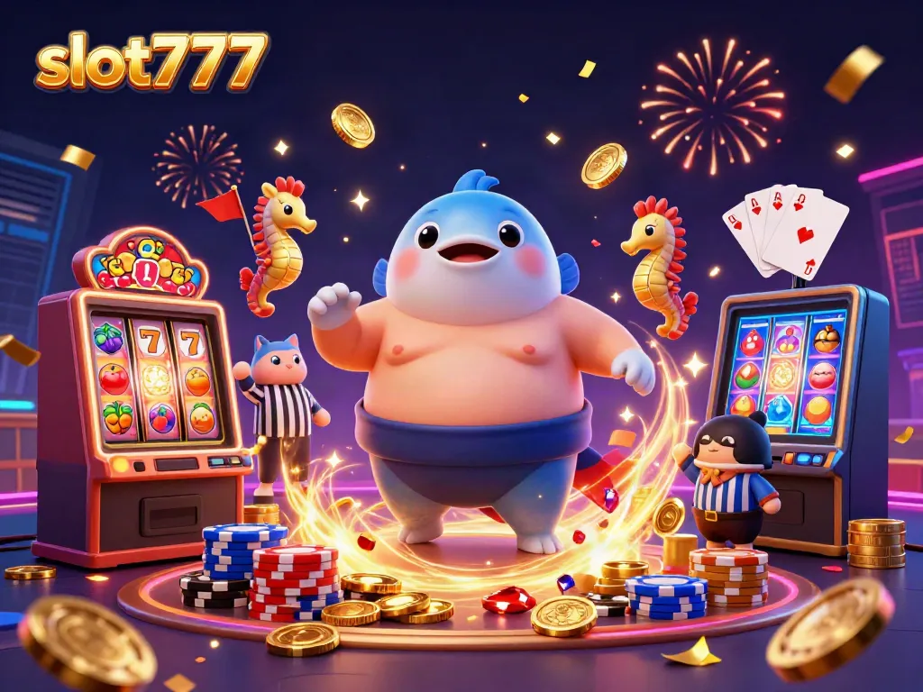 Permainan slot777 dengan karakter kartun yang meriah dan mesin slot yang berkilau, penuh kegembiraan.