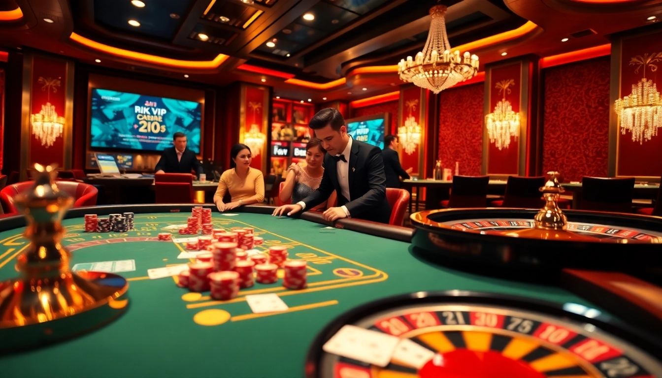Players enjoying a thrilling game of poker at the RIK VIP casino, surrounded by vibrant chips and cards.