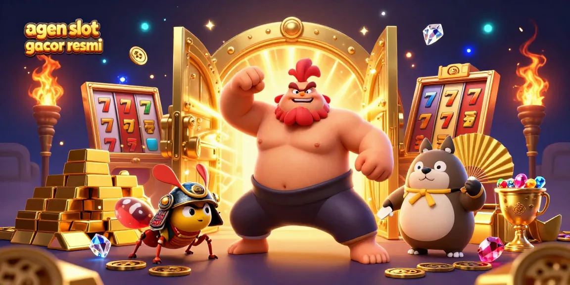 Engage with the dynamic world of agen slot gacor resmi, featuring animated characters surrounded by casino elements and gold treasures.