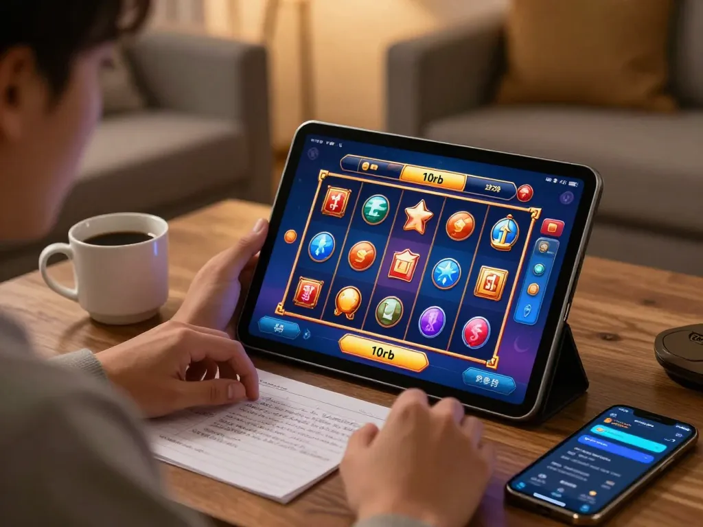 Engaging in slot 10rb gameplay on a tablet with winning reels displayed in a cozy living room.