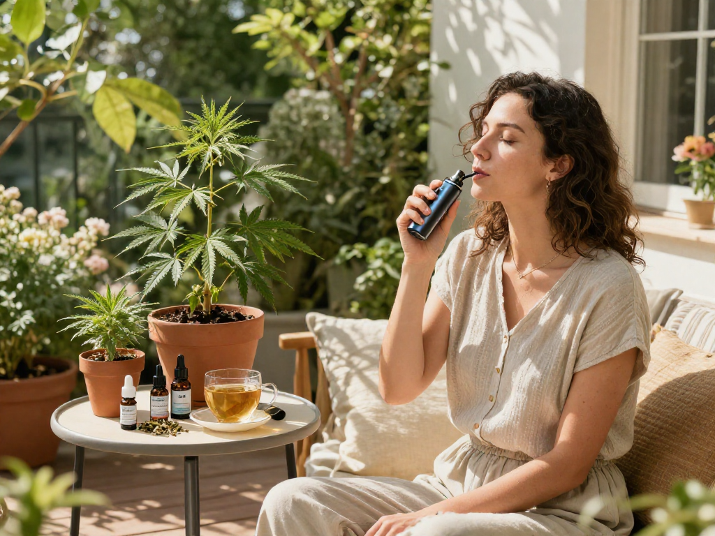 Weed vape UK experience with natural wellness products, including CBD oil and hemp extract, in a serene outdoor setting.