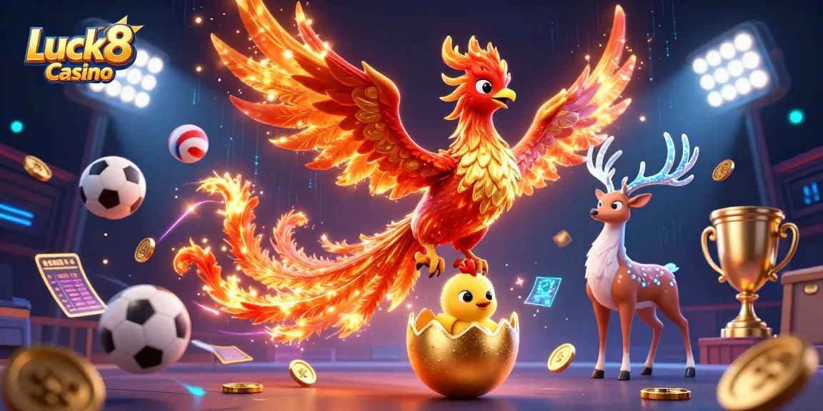 Experience thrilling gameplay at Luck8 Casino with a vibrant 3D illustration of a phoenix and sports elements.