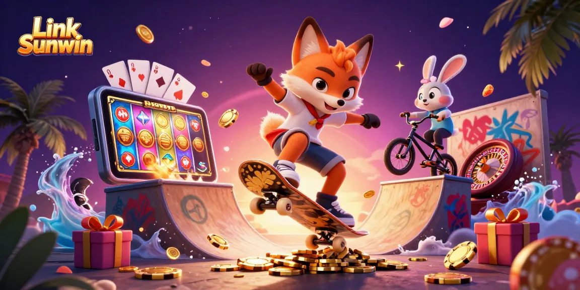 Experience thrilling gameplay with Link Sunwin as cartoon characters perform stunts surrounded by vibrant casino elements.